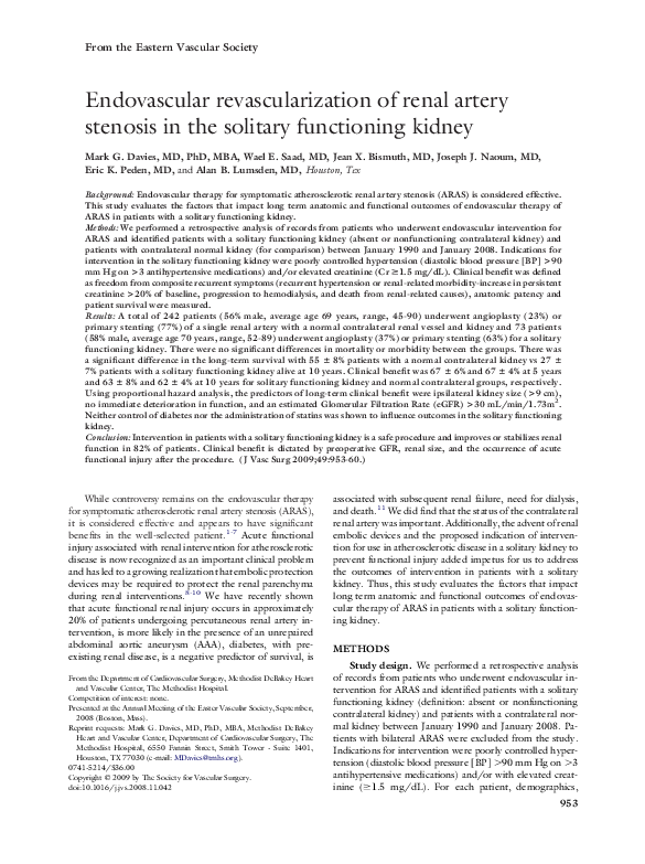 (PDF) Endovascular revascularization of renal artery stenosis in the ...