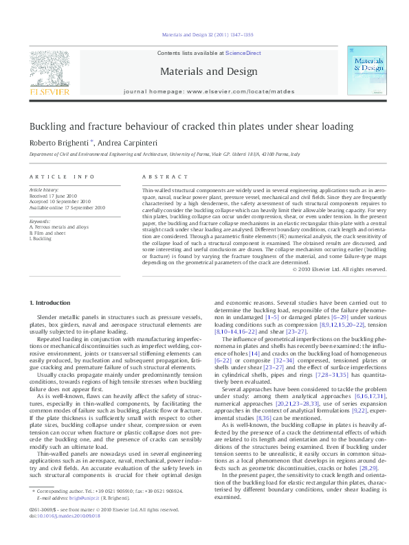 (PDF) Buckling and fracture behaviour of cracked thin plates under ...