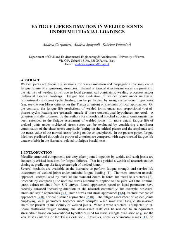 (PDF) Fatigue life estimation in welded joints under multiaxial loadings