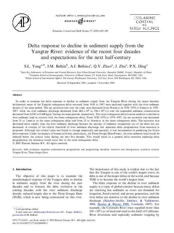 (PDF) Delta response to decline in sediment supply from the Yangtze ...
