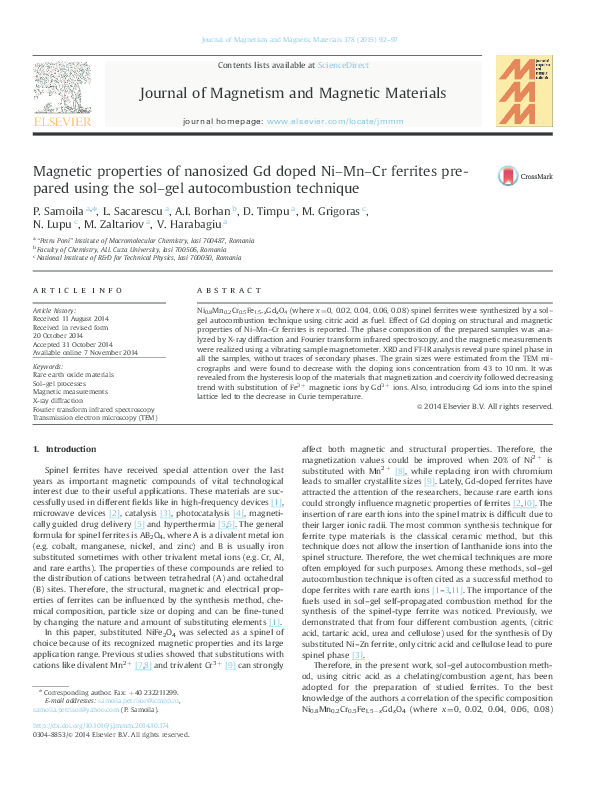 (PDF) Magnetic properties of nanosized Gd doped Ni–Mn–Cr ferrites ...