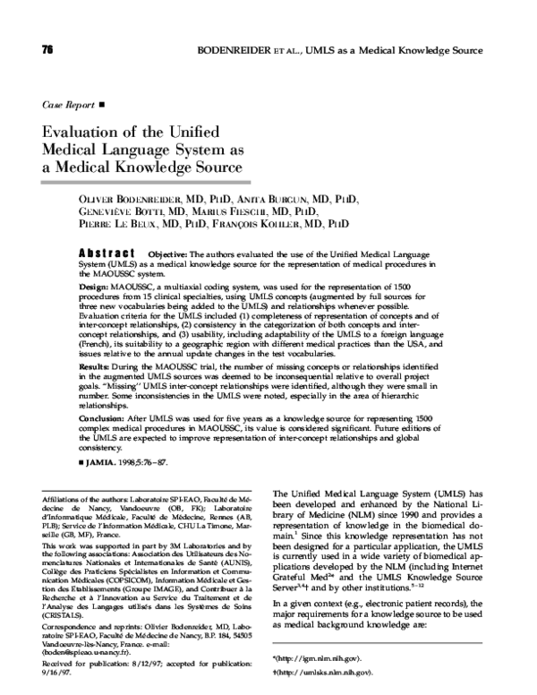 (PDF) Evaluation of the Unified Medical Language System as a Medical