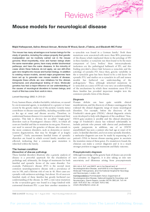 (PDF) Mouse models for neurological disease