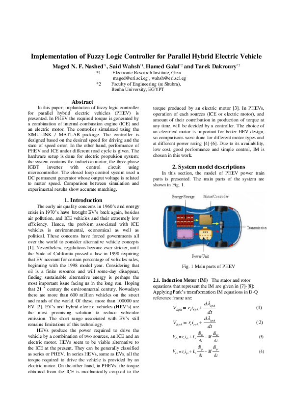 (PDF) Implementation of Fuzzy Logic Controller for Parallel Hybrid ...