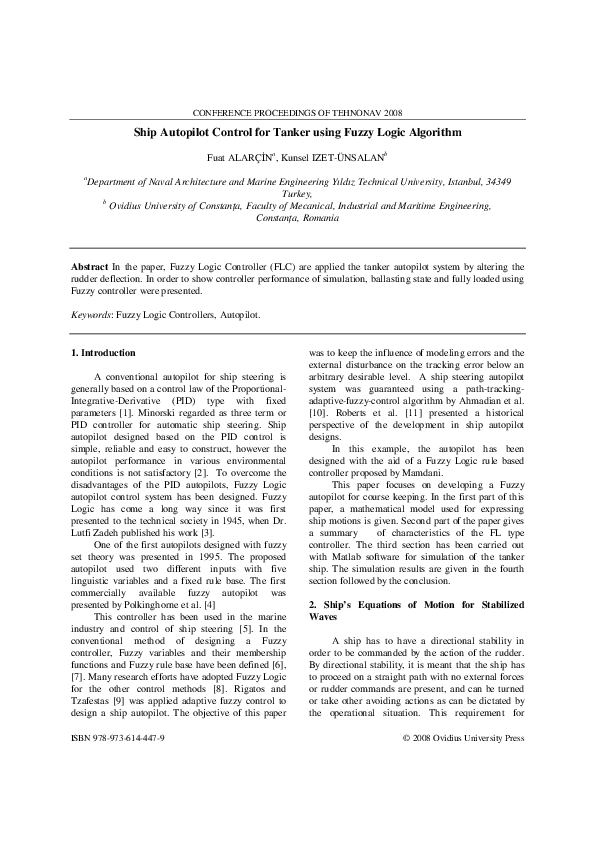 (PDF) Ship Autopilot Control for Tanker Using Fuzzy Logic Algorithm