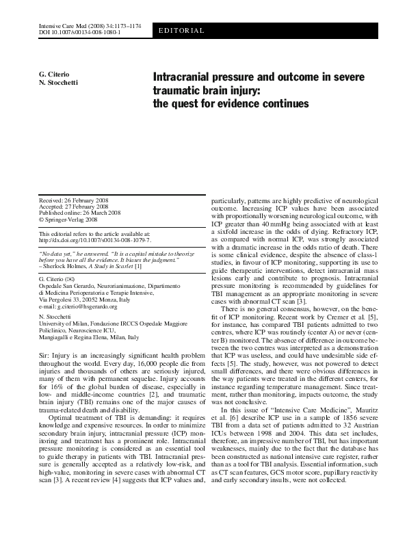 (PDF) Intracranial pressure and outcome in severe traumatic brain ...