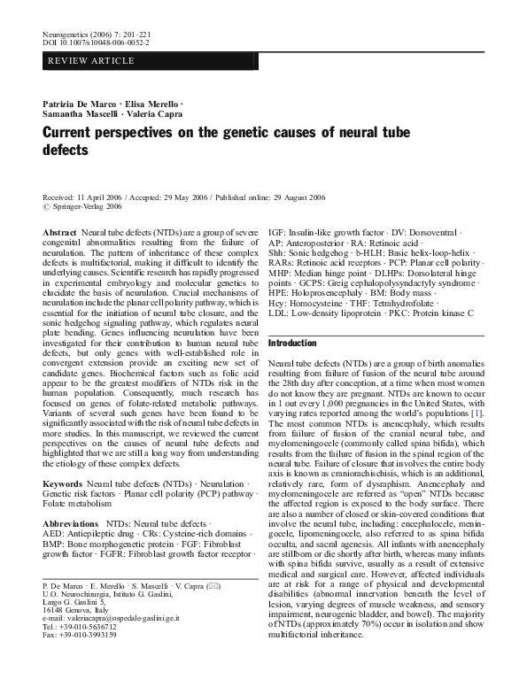 (PDF) Current perspectives on the genetic causes of neural tube defects