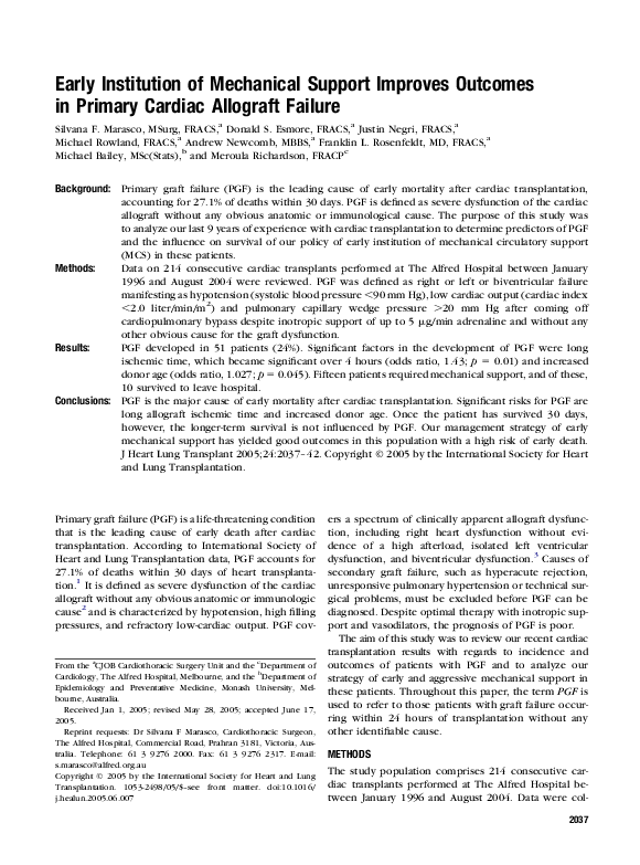 (PDF) Early Institution of Mechanical Support Improves in Primary Cardiac Allograft