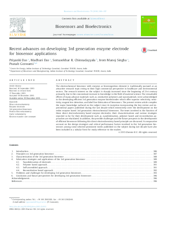 (PDF) Recent advances on developing 3rd generation enzyme electrode for biosensor applications