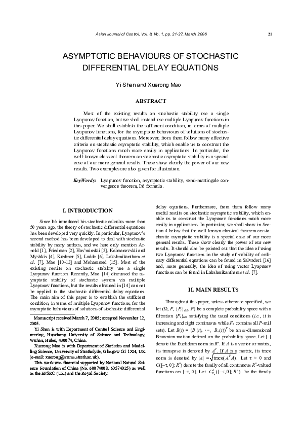 (PDF) ASYMPTOTIC BEHAVIOURS OF STOCHASTIC DIFFERENTIAL DELAY EQUATIONS