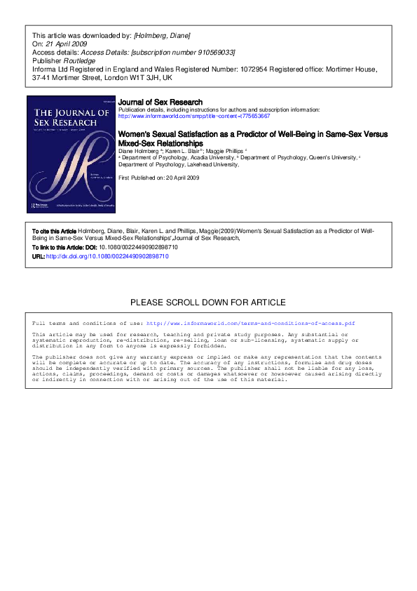 (PDF) Women's Sexual Satisfaction as a Predictor of Well-Being in Same ...