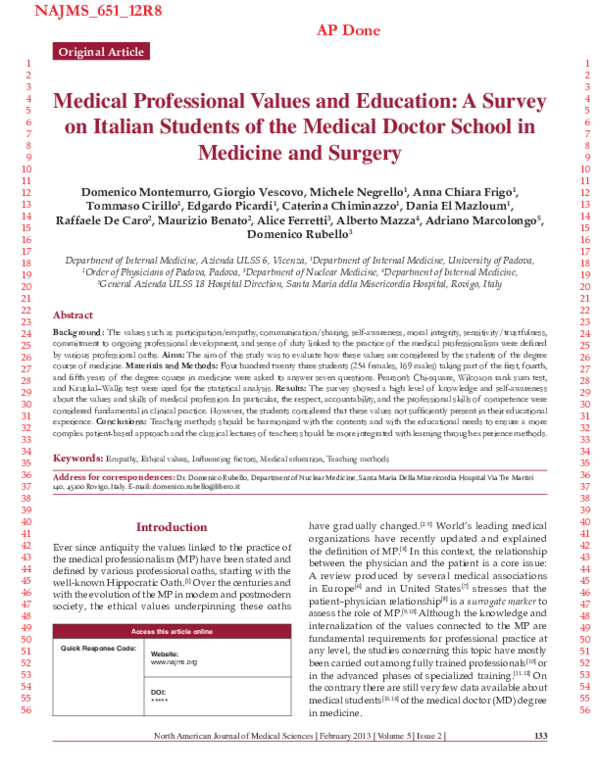(PDF) Medical professional values and education A survey on Italian students of the medical