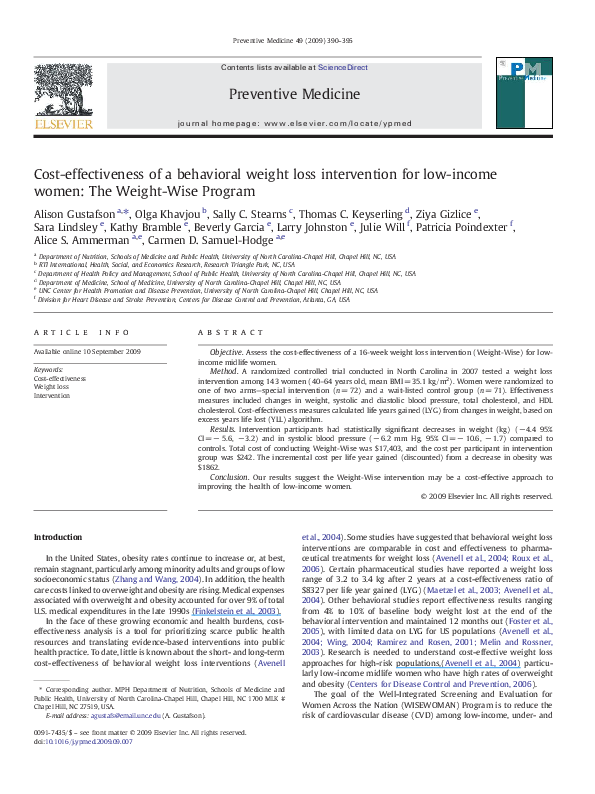 (PDF) Cost-effectiveness of a behavioral weight loss intervention for ...