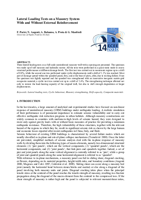 (PDF) Lateral loading tests on a masonry system with and without ...
