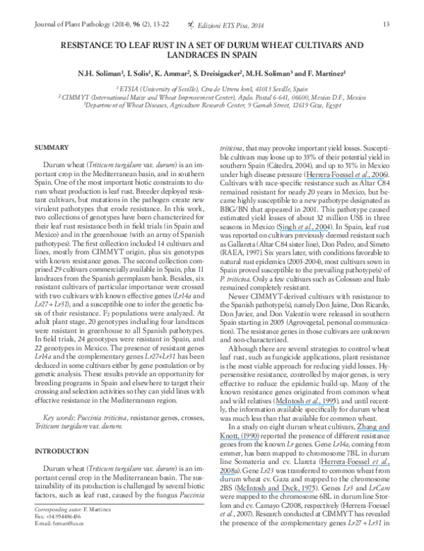 (PDF) Resistance to leaf rust in a set of durum wheat cultivars and ...