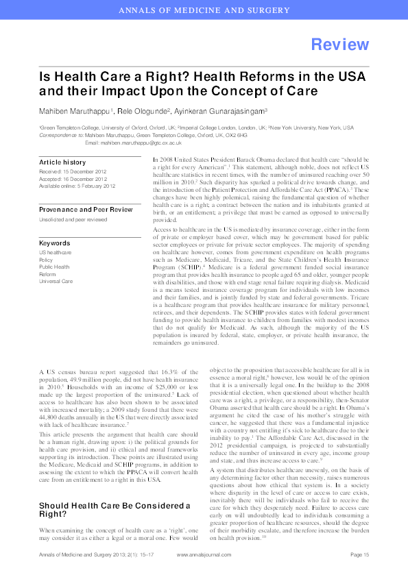 (PDF) Is Health Care a Right? Health Reforms in the USA and their ...