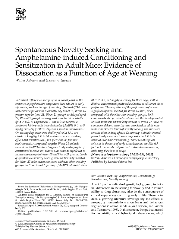 (PDF) Spontaneous novelty seeking and amphetamineinduced conditioning