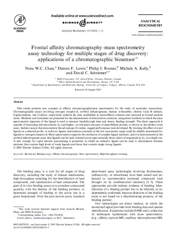 (PDF) Frontal affinity chromatographymass spectrometry assay