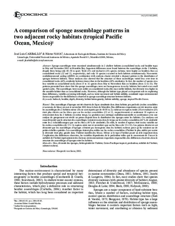 (PDF) A comparison of sponge assemblage patterns in two adjacent rocky ...