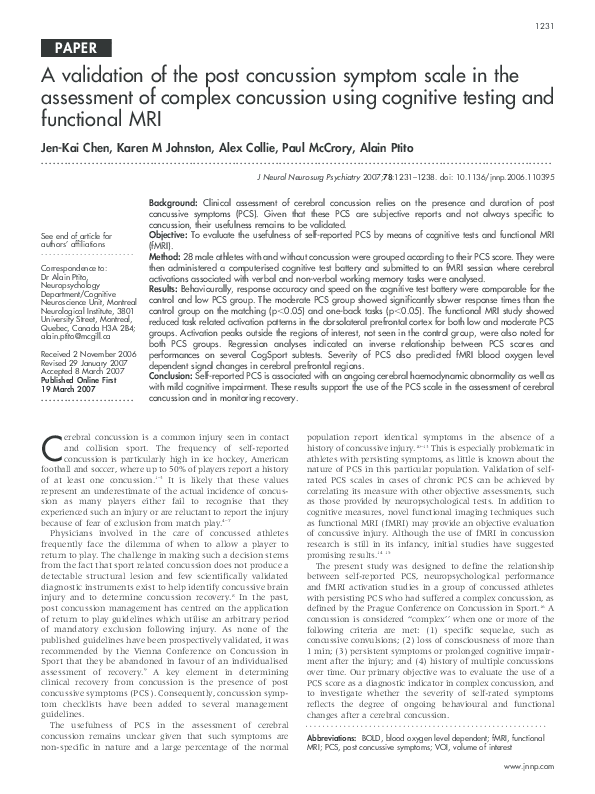 (PDF) A validation of the post concussion symptom scale in the ...