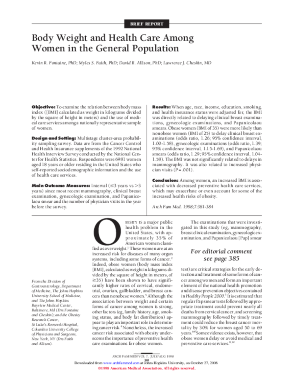 (PDF) Body Weight and Health Care Among Women in the General Population