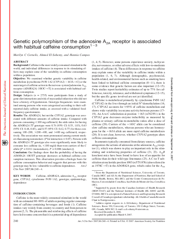 (PDF) Genetic polymorphism of the adenosine A2A receptor is associated ...