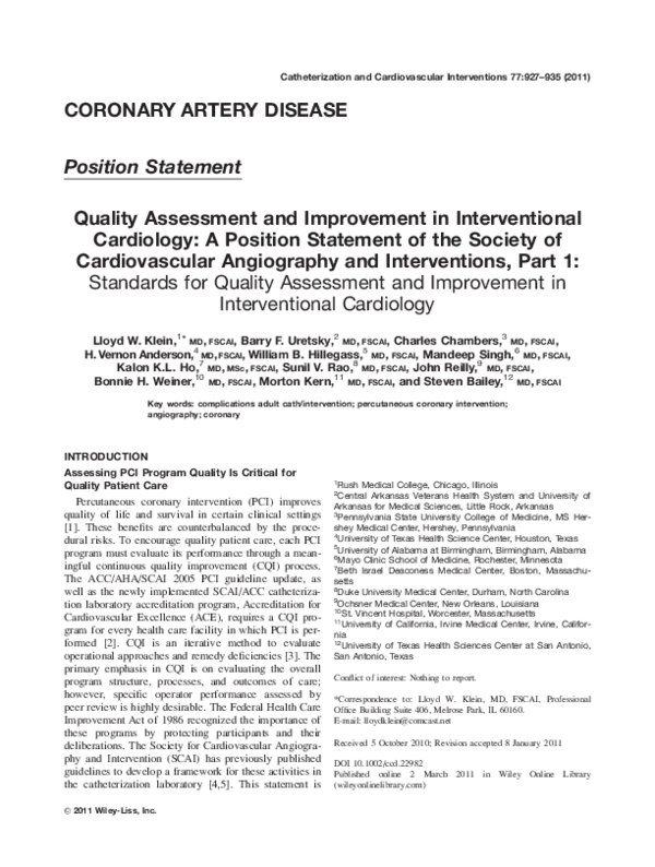 (PDF) Quality assessment and improvement in interventional cardiology