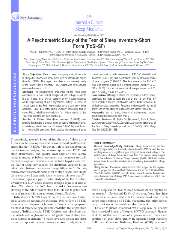 (PDF) A Psychometric Study of the Fear of Sleep InventoryShort Form