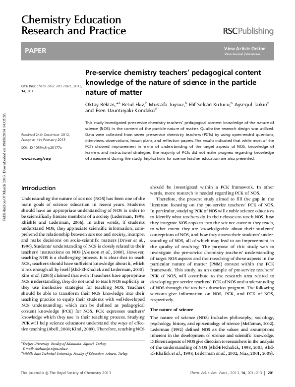 (PDF) Pre-service chemistry teachers' pedagogical content knowledge of ...