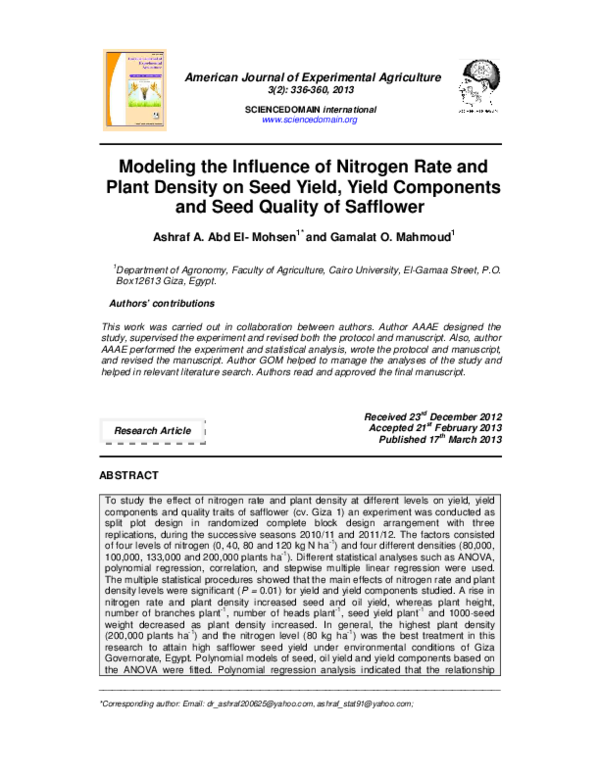 (PDF) Modeling the Influence of Nitrogen Rate and Plant Density on Seed ...