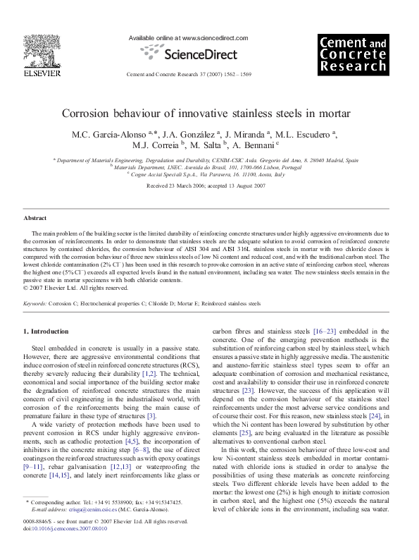 (PDF) Corrosion behaviour of innovative stainless steels in mortar