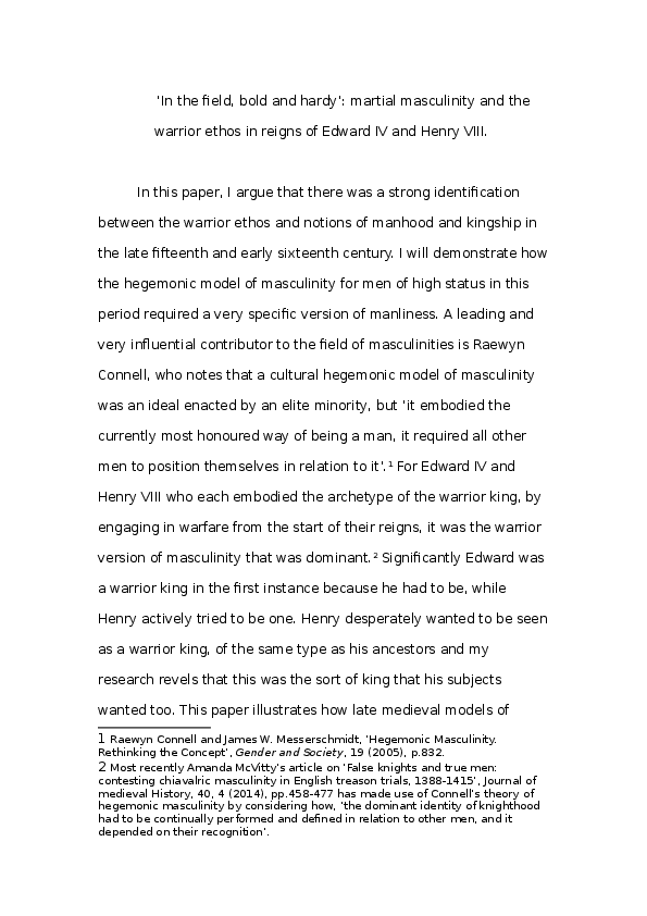 ‘In the field, bold and hardy’: martial masculinity and the warrior ethos in the reigns of Edward IV and Henry VIII