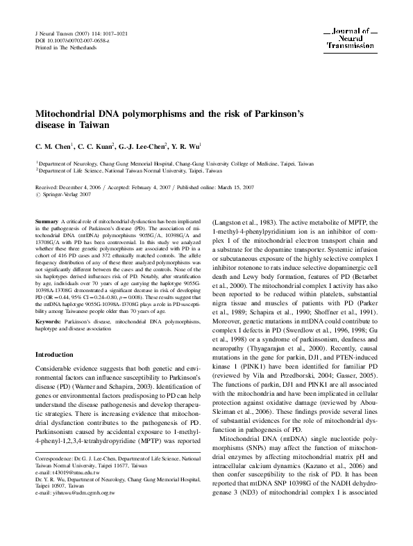 (PDF) Mitochondrial DNA polymorphisms and risk of Parkinson's disease ...