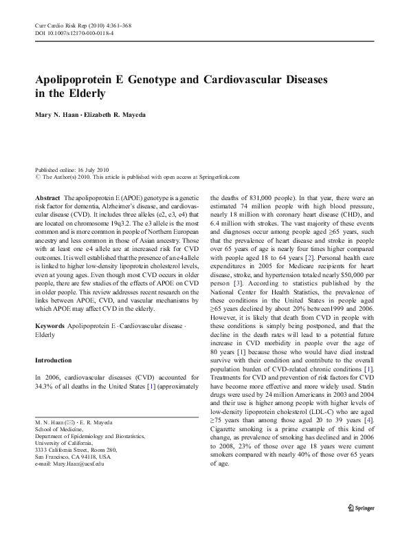 (PDF) Apolipoprotein E genotype and cardiovascular disease in the ...