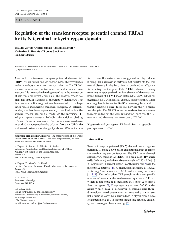 (PDF) Regulation of the transient receptor potential channel TRPA1 by ...