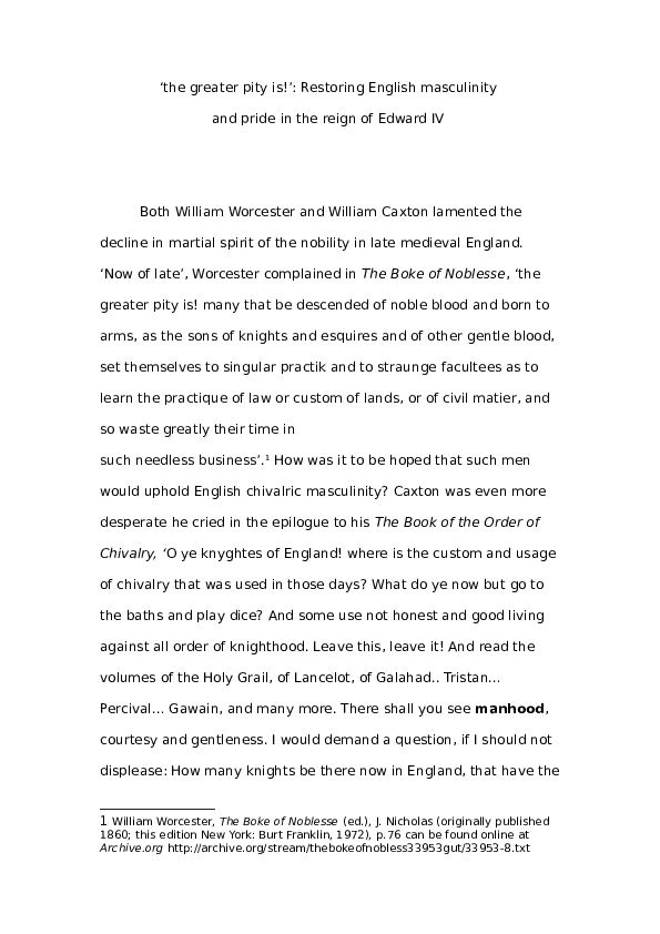 ‘the greater pity is!’: restoring English masculinity and pride in the reign of Edward IV