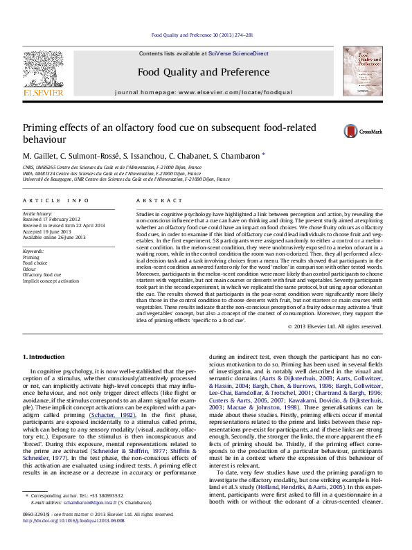 (PDF) Priming effects of an olfactory food cue on subsequent food ...
