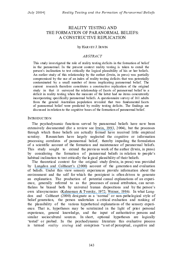(PDF) Reality testing and the formation of paranormal beliefs: A ...