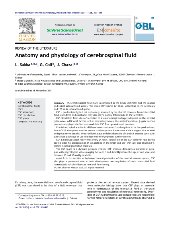 (PDF) Anatomy and physiology of cerebrospinal fluid