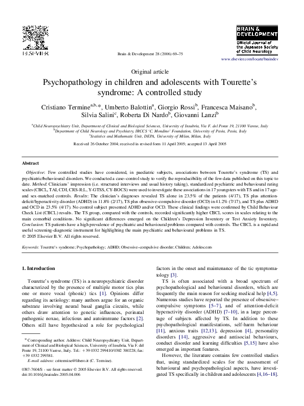 (PDF) Psychopathology in children and adolescents with Tourette's ...