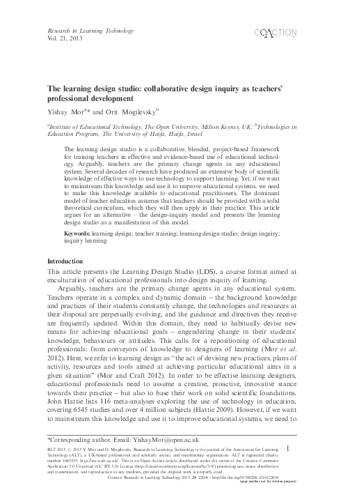 (PDF) The learning design studio: collaborative design inquiry as ...