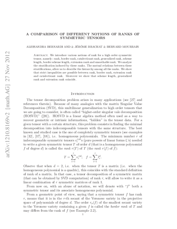 (PDF) A comparison of different notions of ranks of symmetric tensors
