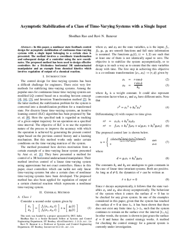 (PDF) Asymptotic Stabilization of a Class of Time-Varying Systems with ...