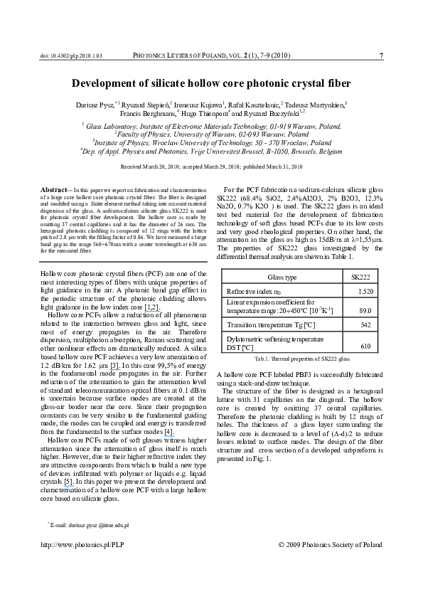 (PDF) Development of silicate hollow core photonic crystal fiber