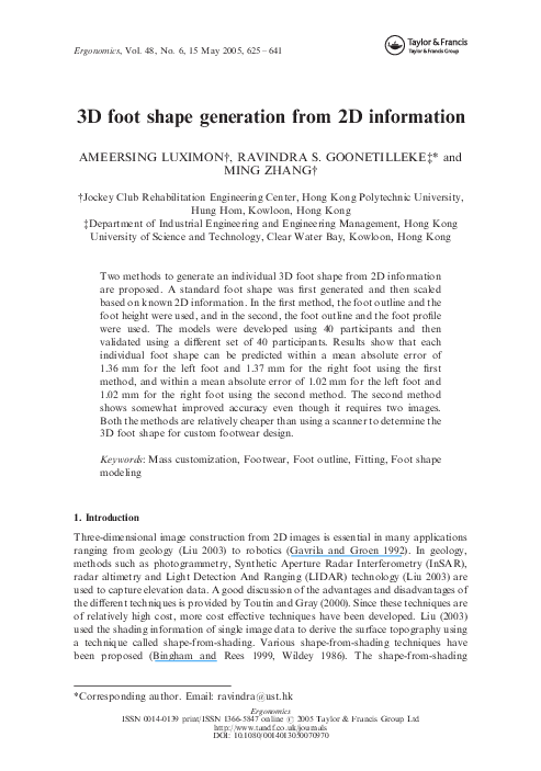 (PDF) 3D foot shape generation from 2D information