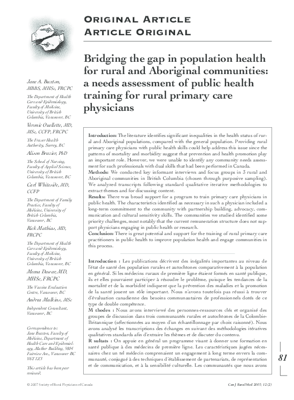 (PDF) Bridging the gap in population health for rural and Aboriginal ...
