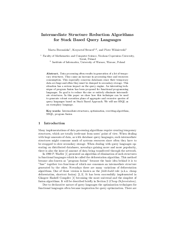 (PDF) Intermediate Structure Reduction Algorithms for Stack Based Query ...