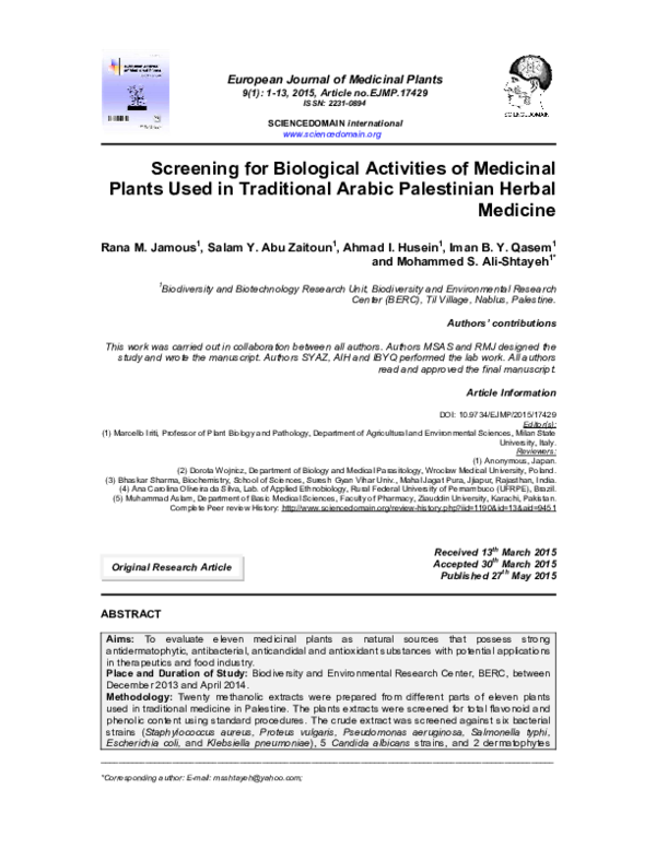 (PDF) Screening for Biological Activities of Medicinal Plants Used in Traditional Arabic