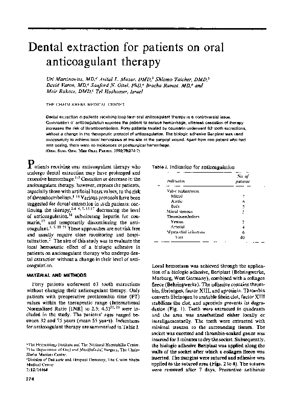(PDF) Dental extraction for patients on oral anticoagulant therapy