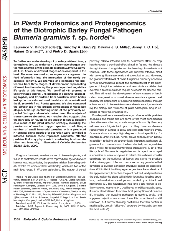 (PDF) In planta proteomics and proteogenomics of the biotrophic barley ...